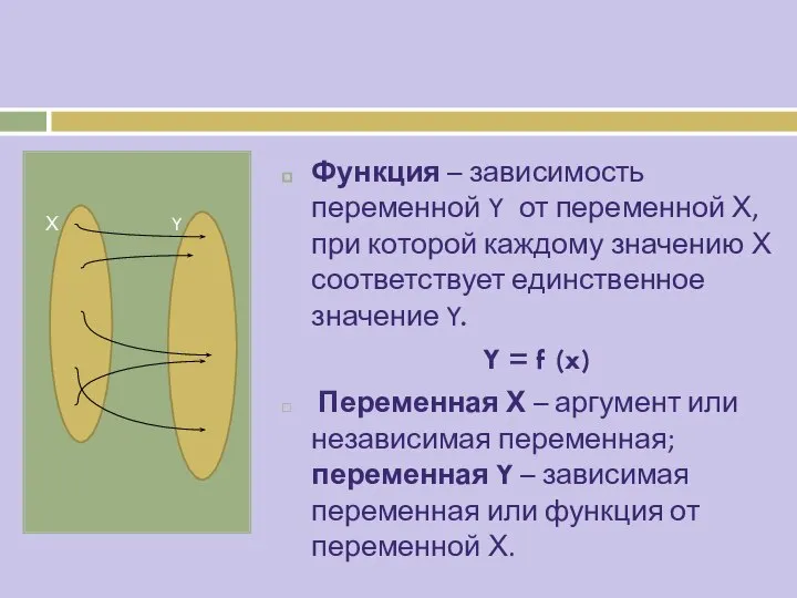 Х Y Функция – зависимость переменной Y от переменной Х, при