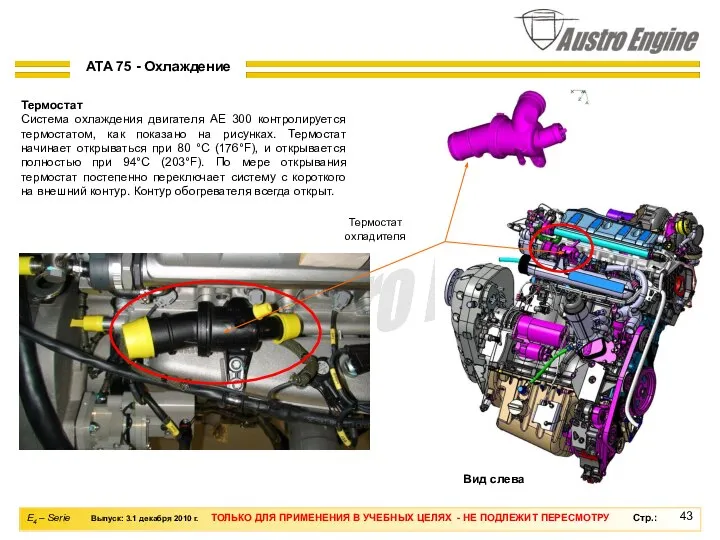 Термостат Система охлаждения двигателя AE 300 контролируется термостатом, как показано на