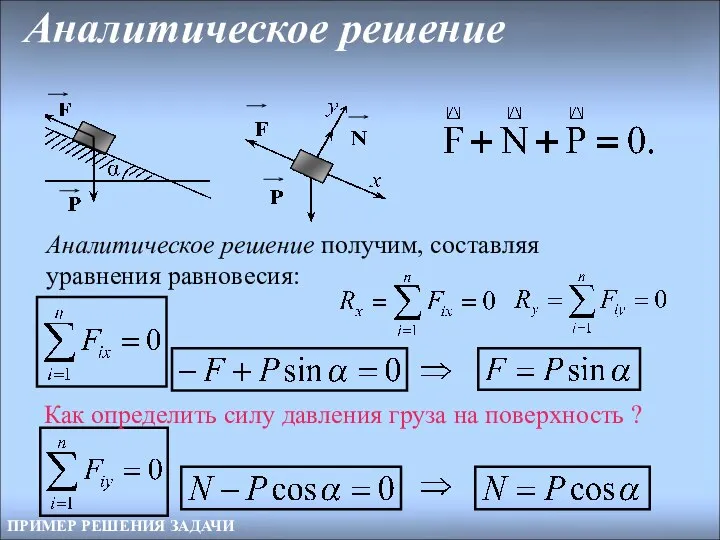 Аналитическое решение получим, составляя уравнения равновесия: Как определить силу давления груза