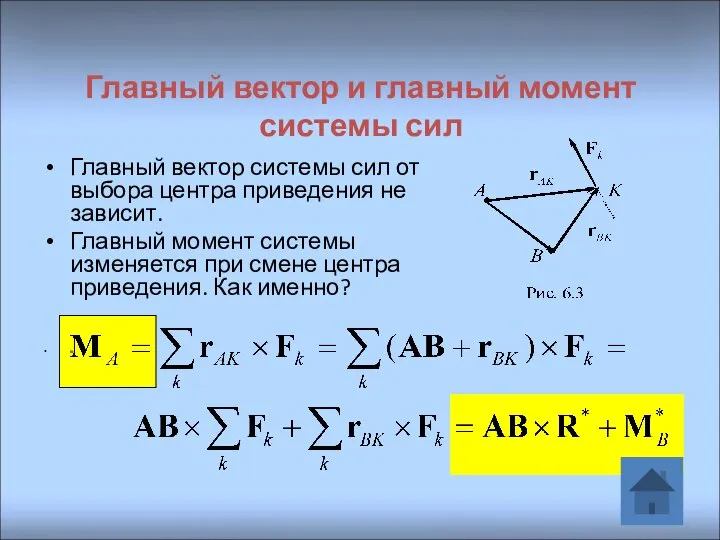 Главный вектор и главный момент системы сил Главный вектор системы сил