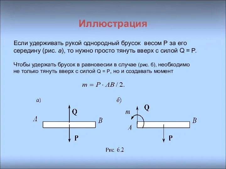 Иллюстрация Если удерживать рукой однородный брусок весом P за его середину