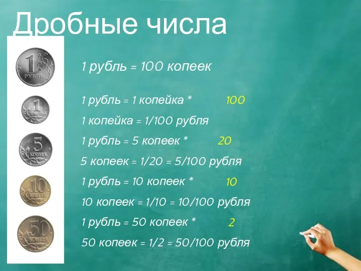 Дробные числа 1 рубль = 1 копейка * 100 1 рубль