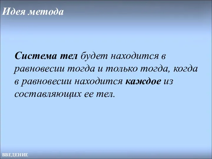 Идея метода ВВЕДЕНИЕ Система тел будет находится в равновесии тогда и