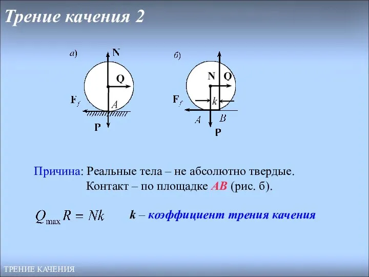 Трение качения 2 ТРЕНИЕ КАЧЕНИЯ k – коэффициент трения качения Причина: