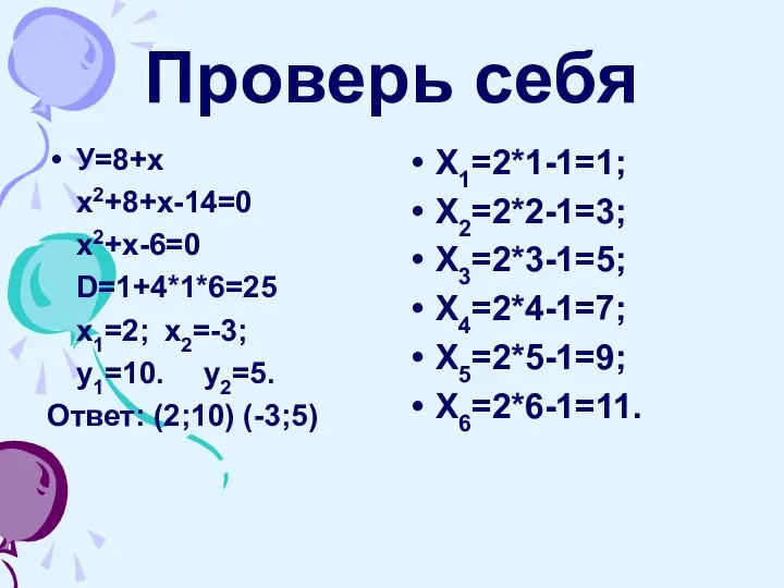 Проверь себя У=8+х х2+8+х-14=0 х2+х-6=0 D=1+4*1*6=25 х1=2; х2=-3; у1=10. у2=5. Ответ: