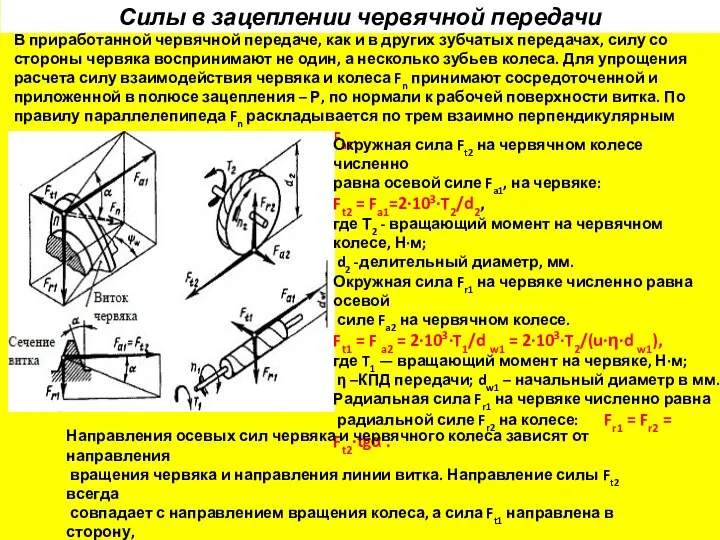 Силы в зацеплении червячной передачи В приработанной червячной передаче, как и