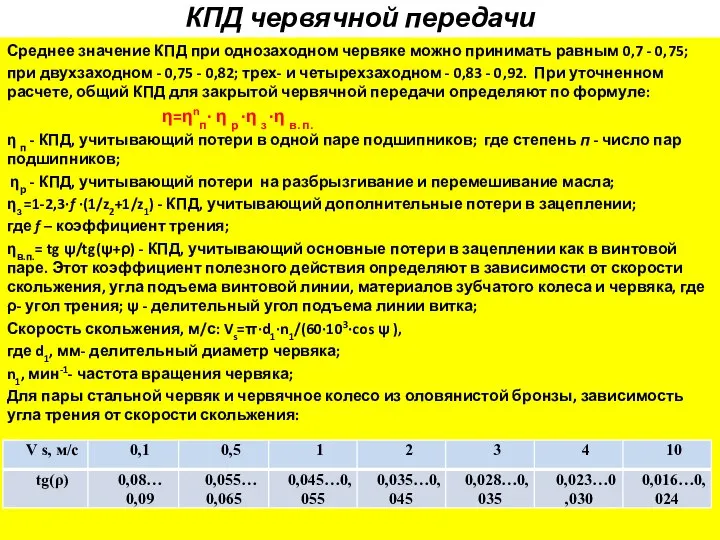 КПД червячной передачи Среднее значение КПД при однозаходном червяке можно принимать