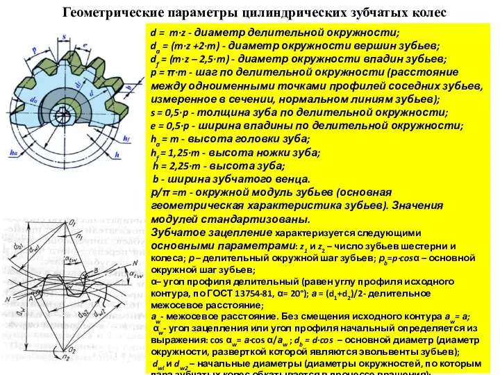 Геометрические параметры цилиндрических зубчатых колес d = m∙z - диаметр делительной