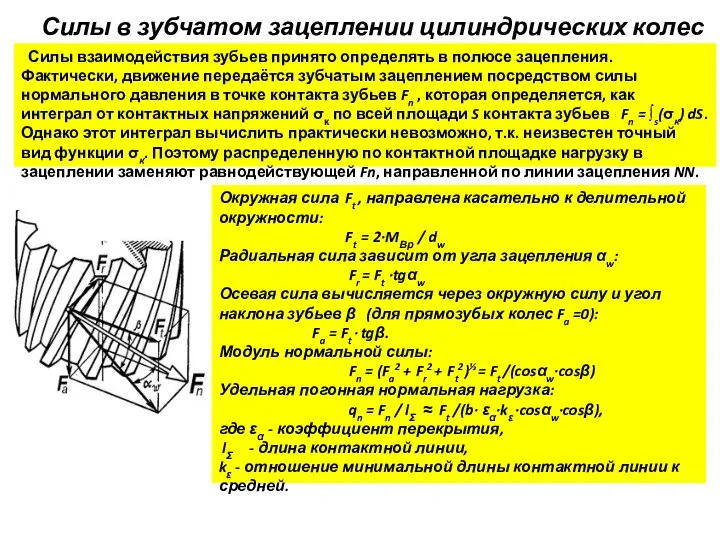 Силы в зубчатом зацеплении цилиндрических колес Окружная сила Ft , направлена