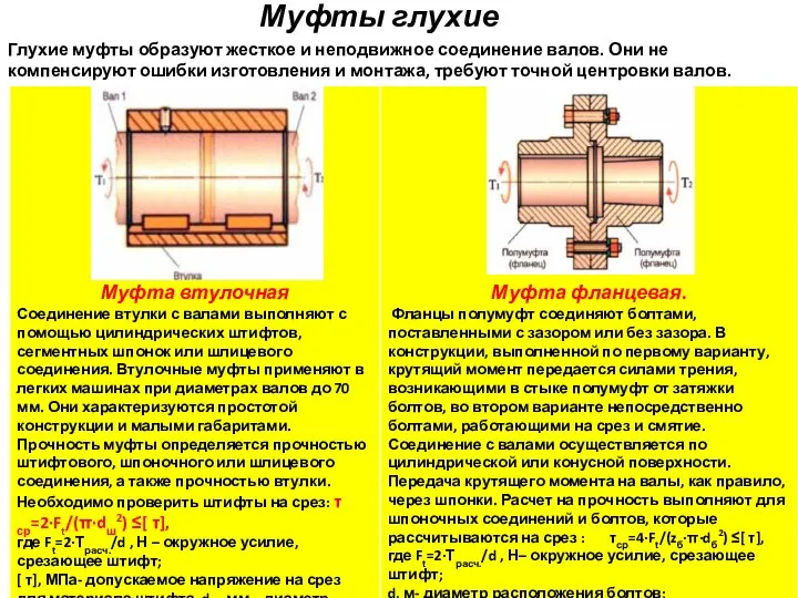 Муфты глухие Глухие муфты образуют жесткое и неподвижное соединение валов. Они