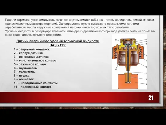 Педали тормоза нужно смазывать согласно картам смазки (обычно - летом солидолом,