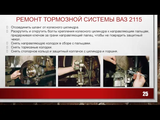 РЕМОНТ ТОРМОЗНОЙ СИСТЕМЫ ВАЗ 2115 Отсоединить шланг от колесного цилиндра. Раскрутить