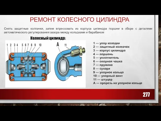 РЕМОНТ КОЛЕСНОГО ЦИЛИНДРА Снять защитные колпачки, затем впрессовать из корпуса цилиндра