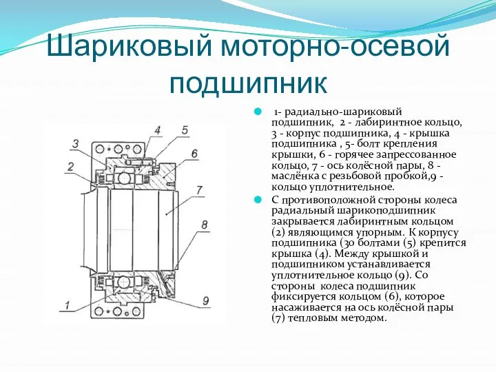 Шариковый моторно-осевой подшипник 1- радиально-шариковый подшипник, 2 - лабиринтное кольцо, 3