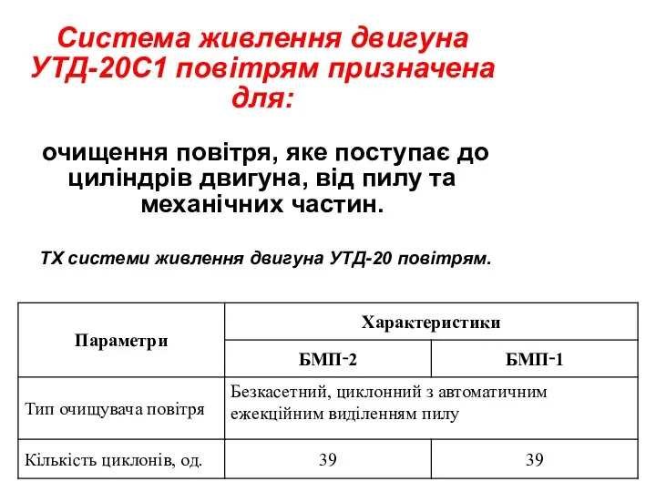 Система живлення двигуна УТД-20С1 повітрям призначена для: очищення повітря, яке поступає