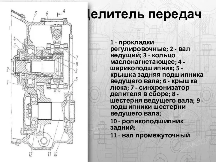 Делитель передач 1 - прокладки регулировочные; 2 - вал ведущий; 3