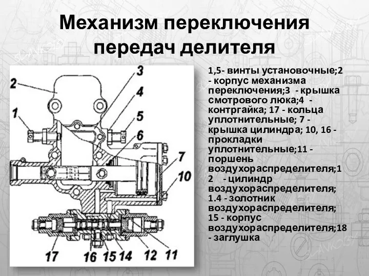 Механизм переключения передач делителя 1,5- винты установочные;2 - корпус механизма переключения;3