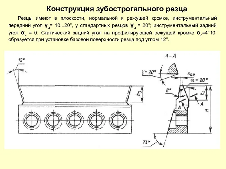 Конструкция зубострогального резца Резцы имеют в плоскости, нормальной к режущей кромке,