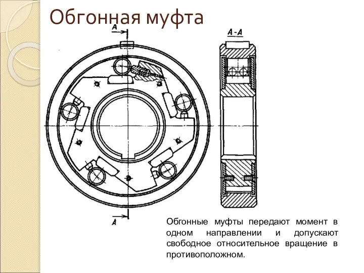 Обгонные муфты передают момент в одном направлении и допускают свободное относительное вращение в противоположном. Обгонная муфта