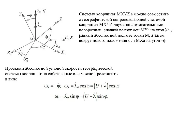 Систему координат MXYZ a можно совместить с географической сопровождающей системой координат