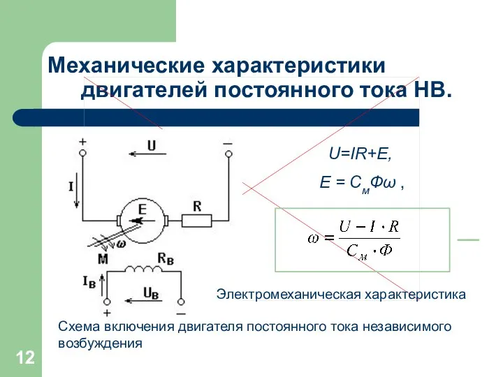 Механические характеристики двигателей постоянного тока НВ. U=IR+E, E = СмФω ,