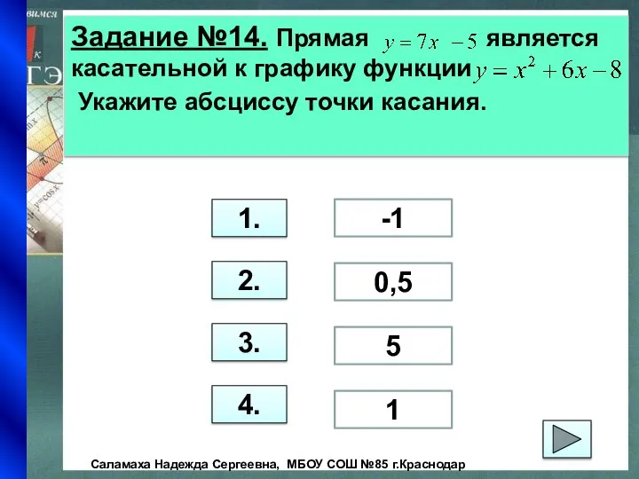 Задание №14. Прямая является касательной к графику функции Укажите абсциссу точки