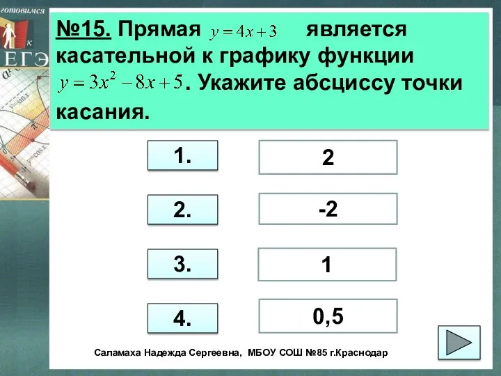 №15. Прямая является касательной к графику функции . Укажите абсциссу точки