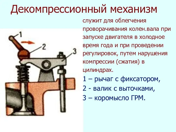 Декомпрессионный механизм служит для облегчения проворачивания колен.вала при запуске двигателя в