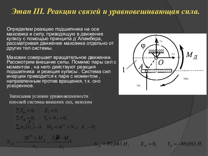 Этап III. Реакции связей и уравновешивающая сила. Определим реакцию подшипника на