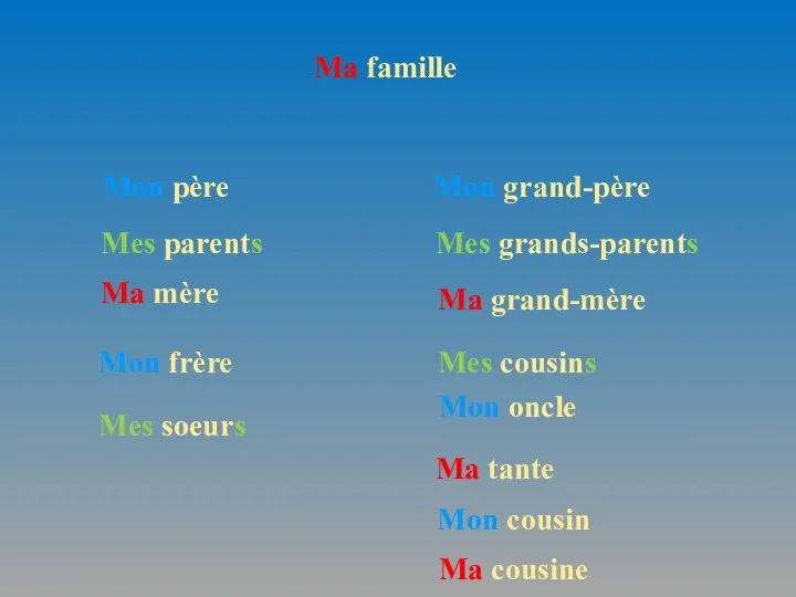 Ma famille Mon père Ma mère Mon frère Mes soeurs Mon