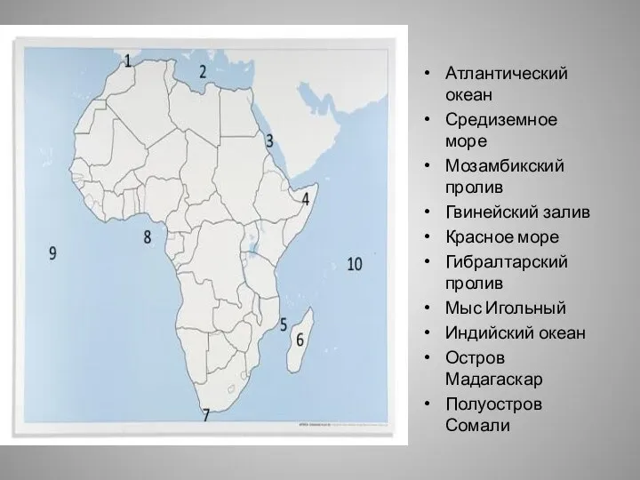 Атлантический океан Средиземное море Мозамбикский пролив Гвинейский залив Красное море Гибралтарский