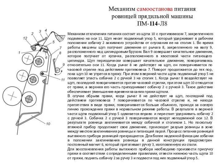 Механизм самоостанова питания ровницей прядильной машины ПМ-114-Л8 Механизм отключения питания состоит