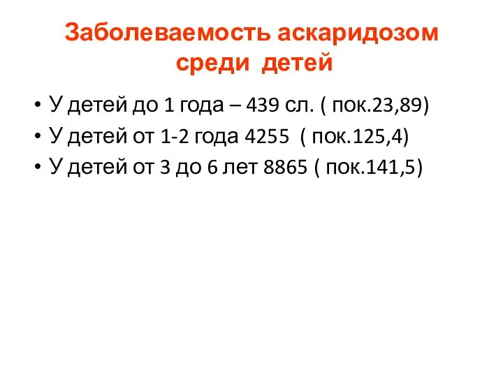 Заболеваемость аскаридозом среди детей У детей до 1 года – 439