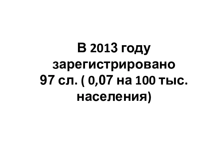 В 2013 году зарегистрировано 97 сл. ( 0,07 на 100 тыс.населения)
