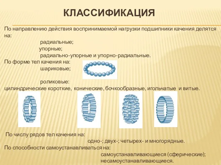 КЛАССИФИКАЦИЯ По направлению действия воспринимаемой нагрузки подшипники качения делятся на: радиальные;