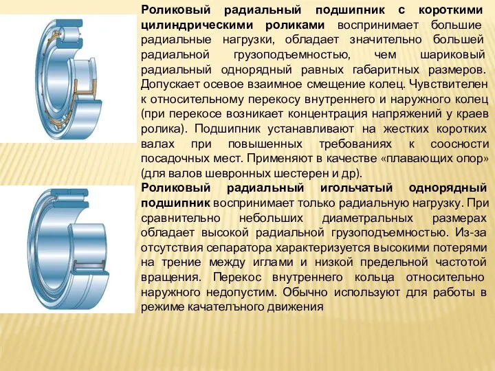 Роликовый радиальный подшипник с короткими цилиндри­ческими роликами воспринимает большие радиальные нагрузки,