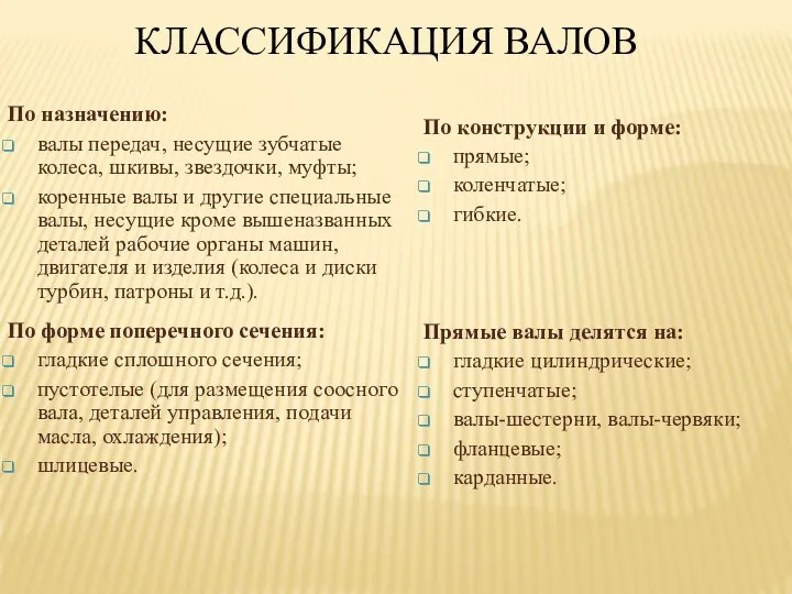 По назначению: валы передач, несущие зубчатые колеса, шкивы, звездочки, муфты; коренные