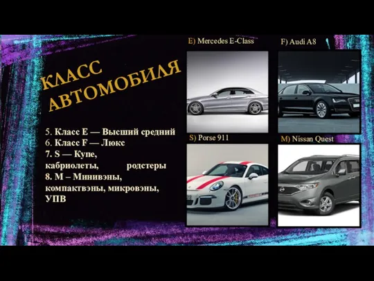 КЛАСС АВТОМОБИЛЯ S) Porse 911 M) Nissan Quest E) Mercedes E-Class