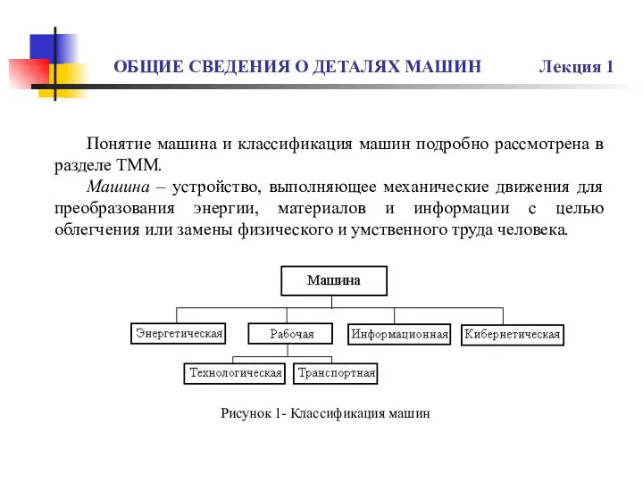 ОБЩИЕ СВЕДЕНИЯ О ДЕТАЛЯХ МАШИН Лекция 1 Понятие машина и классификация