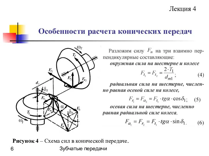 Зубчатые передачи Особенности расчета конических передач Лекция 4 Рисунок 4 – Схема сил в конической передаче.