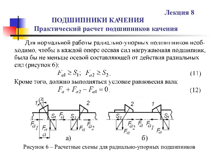 ПОДШИПНИКИ КАЧЕНИЯ Практический расчет подшипников качения Лекция 8 а) б) Рисунок