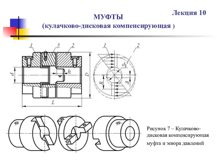 МУФТЫ (кулачково-дисковая компенсирующая ) Лекция 10 Рисунок 7 – Кулачково-дисковая компенсирующая муфта и эпюра давлений