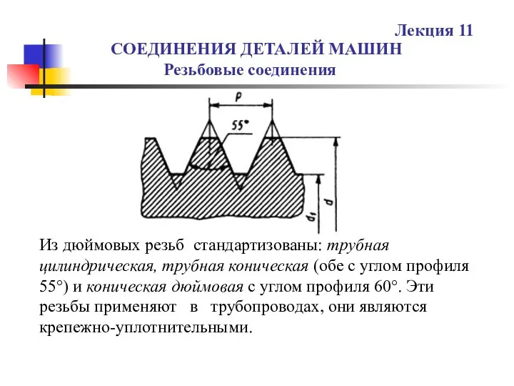 СОЕДИНЕНИЯ ДЕТАЛЕЙ МАШИН Резьбовые соединения Лекция 11 Из дюймовых резьб стандартизованы: