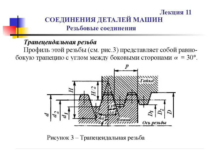 СОЕДИНЕНИЯ ДЕТАЛЕЙ МАШИН Резьбовые соединения Лекция 11