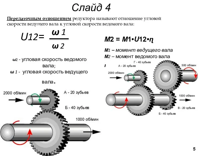 Передаточным отношением редуктора называют отношение угловой скорости ведущего вала к угловой
