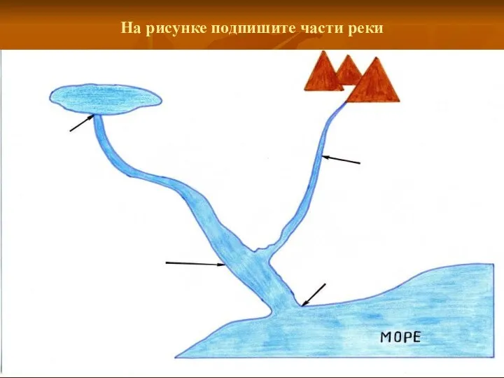 На рисунке подпишите части реки ОЗЕРО ГОРЫ ГЛАВНОЕ РУСЛО ИСТОК УСТЬЕ ПРИТОК