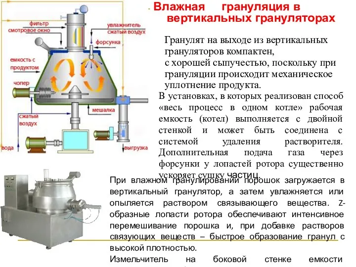 Гранулят на выходе из вертикальных грануляторов компактен, с хорошей сыпучестью, поскольку