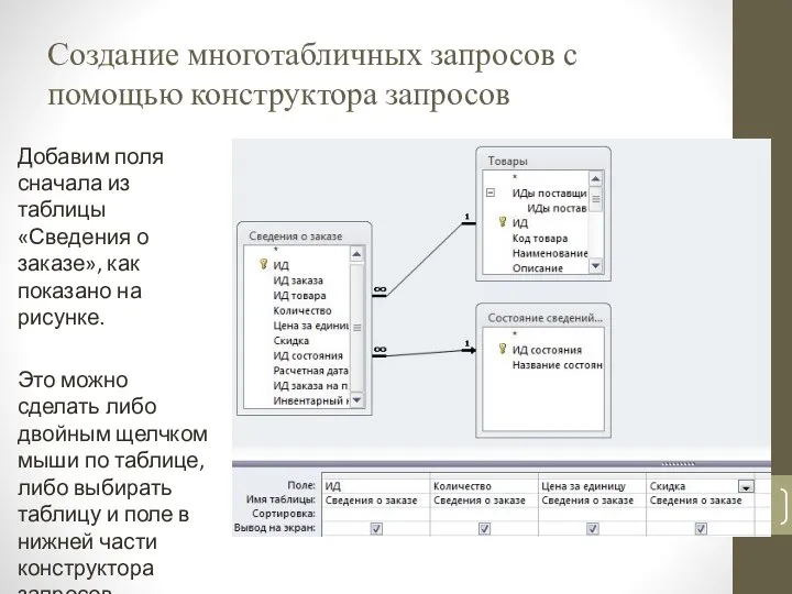 Создание многотабличных запросов с помощью конструктора запросов Добавим поля сначала из