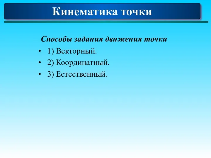 Кинематика точки Способы задания движения точки 1) Векторный. 2) Координатный. 3) Естественный.