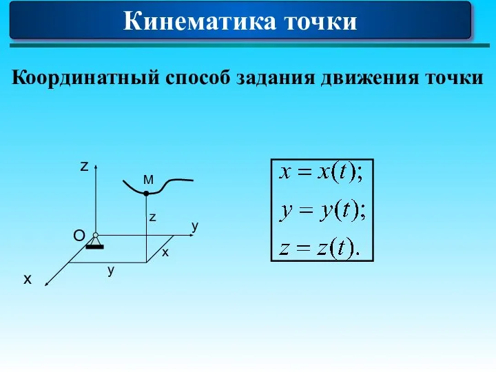 Кинематика точки Координатный способ задания движения точки О x z z y x М y